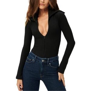 Good American Black Ribbed Zip-Up Women's Bodysuit